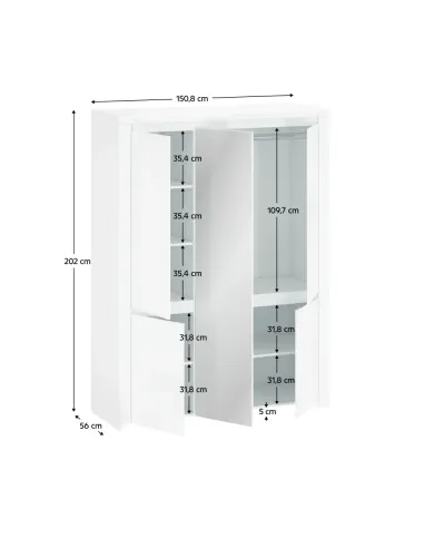 Dulap LINDY cu oglindă, alb lucios, pentru dormitor/hol, 150.8x56x202 cm, PAL/MDF laminat | MobilaOK