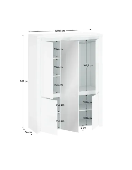 Dulap LINDY cu oglindă, alb lucios, pentru dormitor/hol, 150.8x56x202 cm, PAL/MDF laminat | MobilaOK