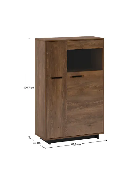 Comodă-Vitrină DELIS C2, dormitor/sufragerie, 88.8x38x140 cm, PAL melaminat/MDF/Sticlă | MobilaOK