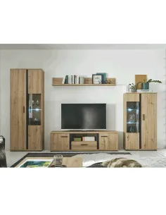 Perete living KANODE, living, 310x40x196 cm, PAL laminat stejar/negru | MobilaOK