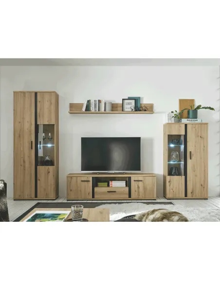 Perete living KANODE, living, 310x40x196 cm, PAL laminat stejar/negru | MobilaOK