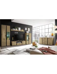 Perete living KANODE, living, 310x40x196 cm, PAL laminat stejar/negru | MobilaOK 2