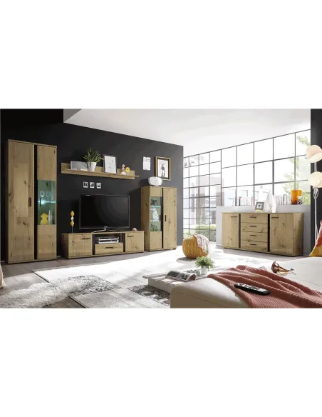 Perete living KANODE, living, 310x40x196 cm, PAL laminat stejar/negru | MobilaOK