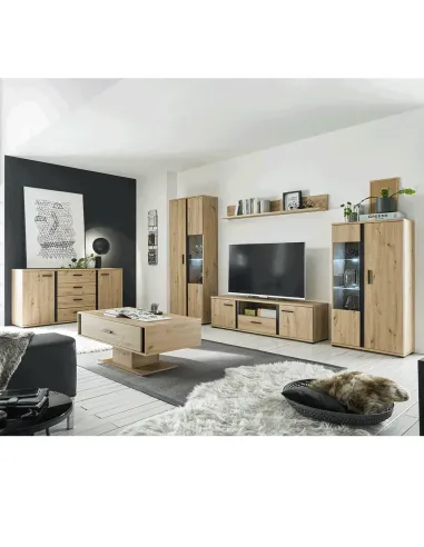 Perete living KANODE, living, 310x40x196 cm, PAL laminat stejar/negru | MobilaOK