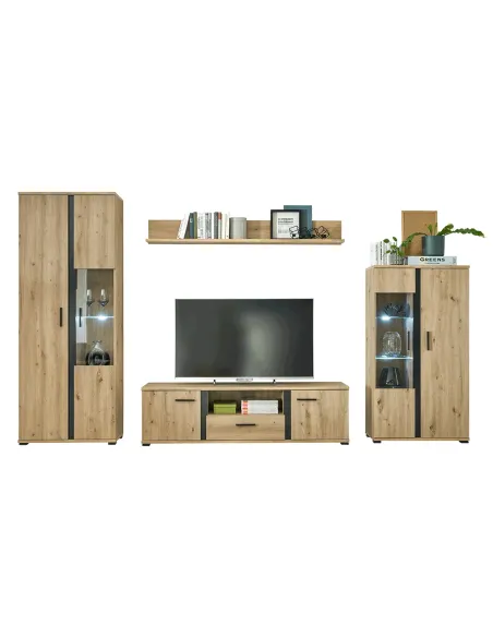 Perete living KANODE, living, 310x40x196 cm, PAL laminat stejar/negru | MobilaOK