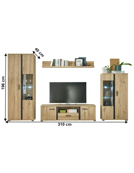 Perete living KANODE, living, 310x40x196 cm, PAL laminat stejar/negru | MobilaOK