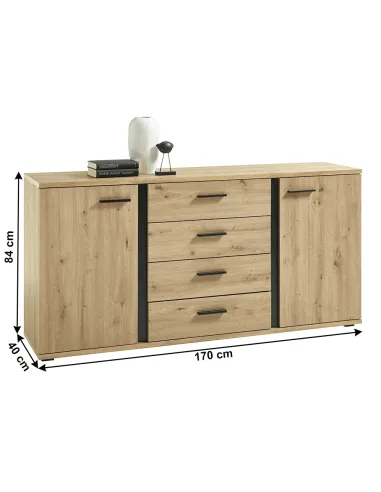 Comodă KANODE pentru dormitor/hol, 170x40x84 cm, PAL laminat stejar/negru | MobilaOK