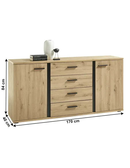 Comodă KANODE pentru dormitor/hol, 170x40x84 cm, PAL laminat stejar/negru | MobilaOK