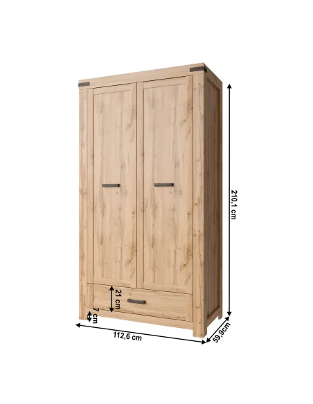 Dulap KONDELA, stejar wotan, 2 uși cu sertar, 112.6x59.9x210.1 cm, PAL melaminat | MobilaOK