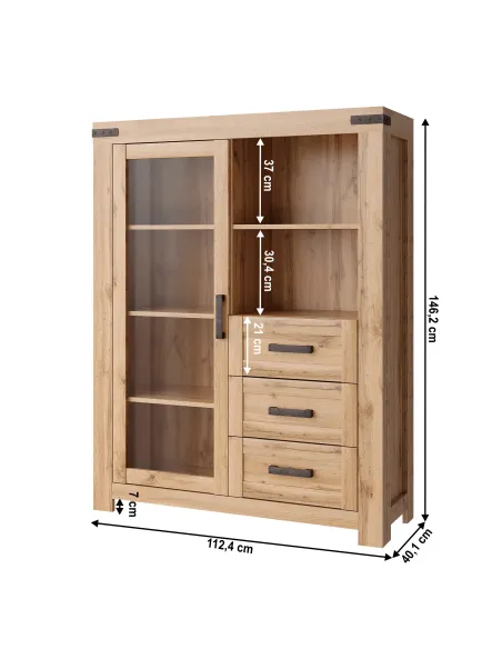 Vitrină MORATIZ, living/hol, 112.4x40.1x146.2 cm, PAL/MDF/Sticlă | MobilaOK