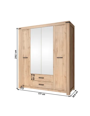 Dulap MORATIZ 4D2S pentru dormitor/hol, 177x59.8x210.1 cm, PAL melaminat stejar wotan | MobilaOK