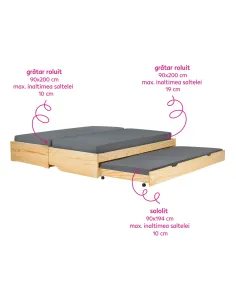 Pat cu module suplimentare extensibile, culoare naturală, lemn masiv, 90x200, FLOPY | MobilaOK 2