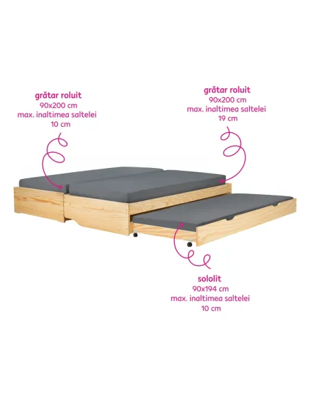 Pat cu module suplimentare extensibile, culoare naturală, lemn masiv, 90x200, FLOPY | MobilaOK