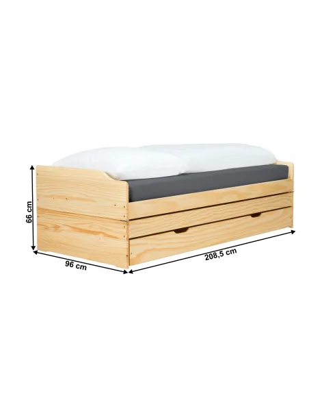 Pat cu module suplimentare extensibile, culoare naturală, lemn masiv, 90x200, FLOPY | MobilaOK