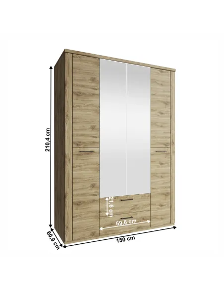 Dulap DORSI 4D2S cu oglindă pentru dormitor, 150x60,9x210,4 cm, PAL melaminat | MobilaOK