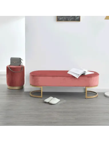 Bancă, MIRILA NEW, hol/dormitor/dressing, 100x40x43 cm, Catifea roz, picioare metal crom auriu | MobilaOK