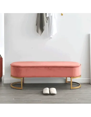 Bancă, MIRILA NEW, hol/dormitor/dressing, 100x40x43 cm, Catifea roz, picioare metal crom auriu | MobilaOK