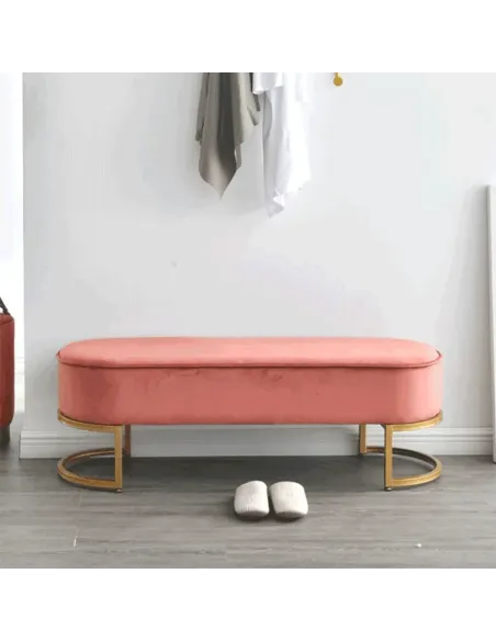 Bancă, MIRILA NEW, hol/dormitor/dressing, 100x40x43 cm, Catifea roz, picioare metal crom auriu | MobilaOK