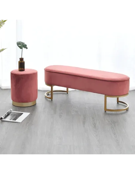 Bancă, MIRILA NEW, hol/dormitor/dressing, 100x40x43 cm, Catifea roz, picioare metal crom auriu | MobilaOK