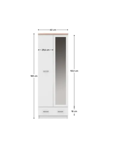 Dulap cu oglindă TYP 37, dormitor, 60x33x183 cm, PAL melaminat alb/stejar Sonoma | MobilaOK
