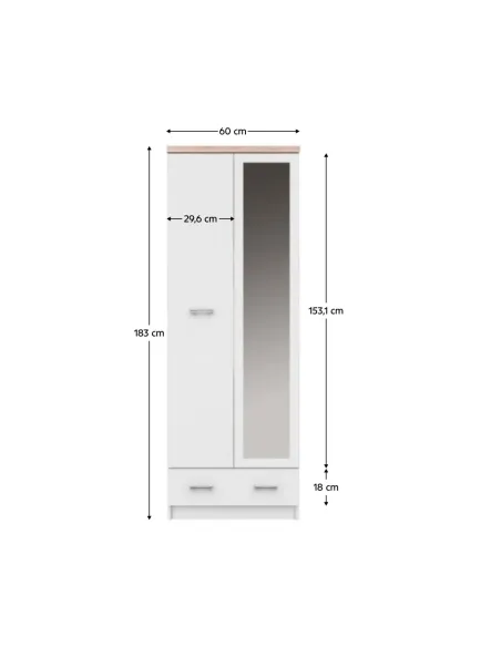 Dulap cu oglindă TYP 37, dormitor, 60x33x183 cm, PAL melaminat alb/stejar Sonoma | MobilaOK