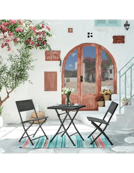 Set Grădină FARUK, terasă, balcon, Masă 57x57x71 cm, Fotolii 45x58x82 cm, Ratan Artificial și Oțel | MobilaOK