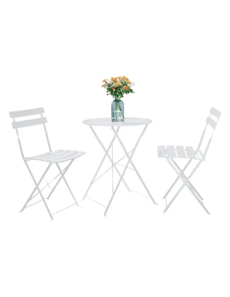 Set Grădină OBAX, terasă/balcon, Masă 59.5x59.5x71 cm + 2 Scaune, oțel, alb | MobilaOK