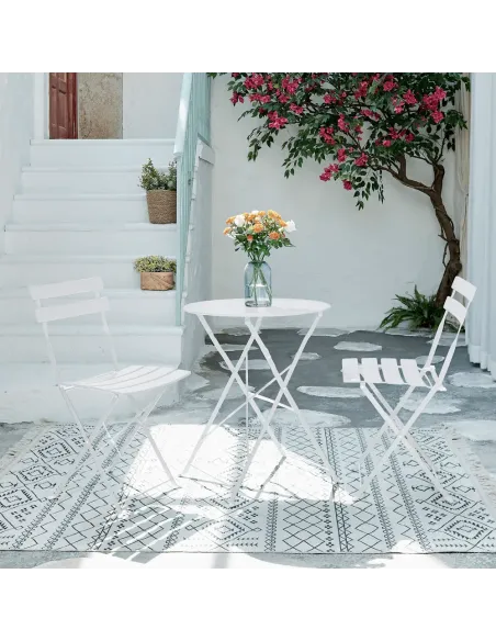 Set Grădină OBAX, terasă/balcon, Masă 59.5x59.5x71 cm + 2 Scaune, oțel, alb | MobilaOK