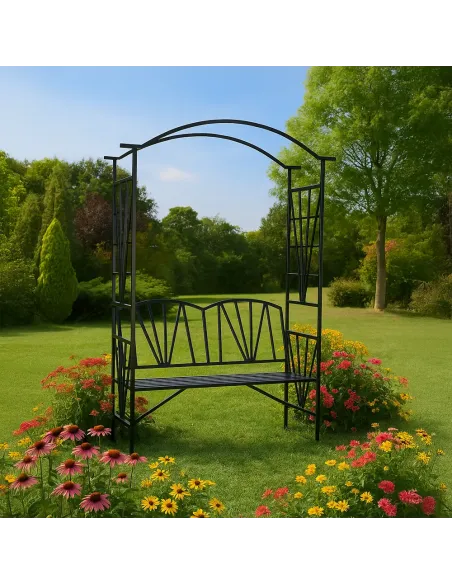 Bancă de grădină HAIFA, cu pergolă, 114x42x210 cm, Metal | MobilaOK