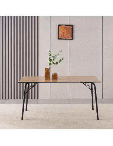 Masă NALAK, sufragerie, 160x80x75 cm, MDF stejar artisan și metal | MobilaOK