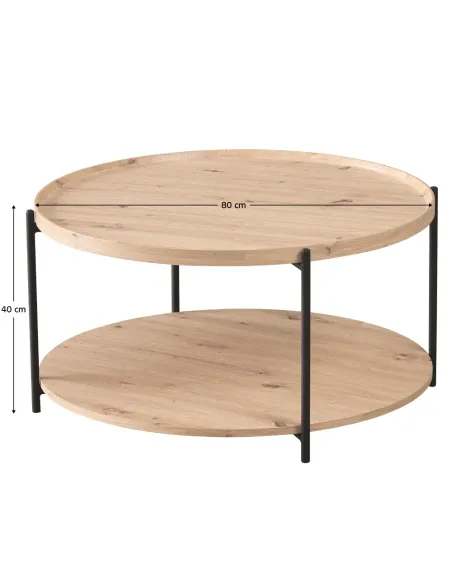 Măsuță de cafea LAPIS living, rotundă Ø80x40cm, MDF stejar artisan și metal negru | MobilaOK