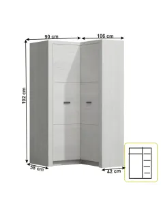 Dulap de colț INFINITY I-14 pentru dormitor/hol 90/106x192x58/42 cm PAL melaminat frasin alb | MobilaOK 2