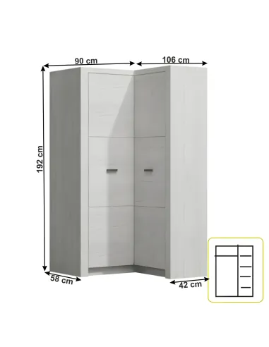 Dulap de colț INFINITY I-14 pentru dormitor/hol 90/106x192x58/42 cm PAL melaminat frasin alb | MobilaOK