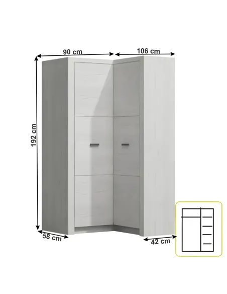 Dulap de colț INFINITY I-14 pentru dormitor/hol 90/106x192x58/42 cm PAL melaminat frasin alb | MobilaOK
