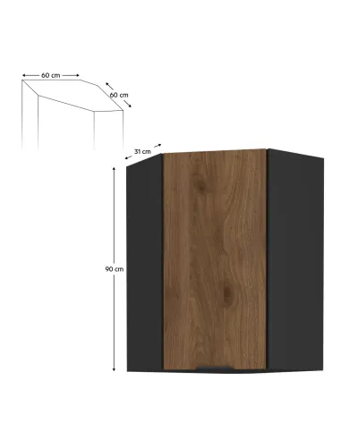 Dulap de colţ superior, nuc okapi/negru, MENZO 60x60 GN-90 1F | MobilaOK