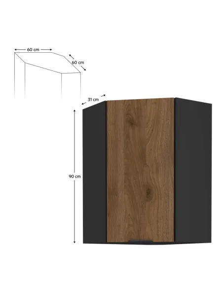 Dulap de colţ superior, nuc okapi/negru, MENZO 60x60 GN-90 1F | MobilaOK