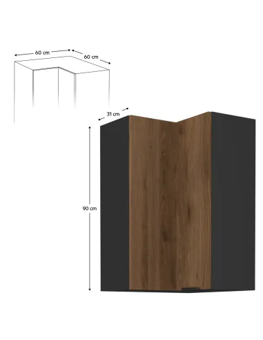 Dulap de colţ superior, nuc okapi/negru, MENZO 60x60 GN-90 2F | MobilaOK