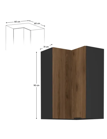 Dulap de colţ superior, nuc okapi/negru, MENZO 60x60 GN-90 2F | MobilaOK