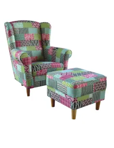 Fotoliu ASTRID cu taburet, living/dormitor, 86x105x82 cm, material textil patchwork, picioare lemn de fag | MobilaOK