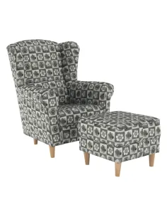 Fotoliu ASTRID cu taburet, living/dormitor, 86x105x82 cm, material textil patchwork, picioare lemn fag | MobilaOK