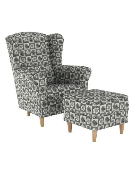 Fotoliu ASTRID cu taburet, living/dormitor, 86x105x82 cm, material textil patchwork, picioare lemn fag | MobilaOK