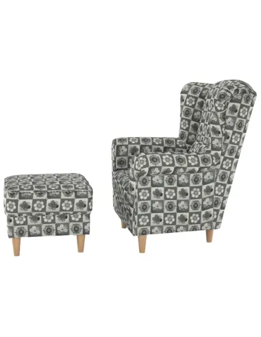 Fotoliu ASTRID cu taburet, living/dormitor, 86x105x82 cm, material textil patchwork, picioare lemn fag | MobilaOK