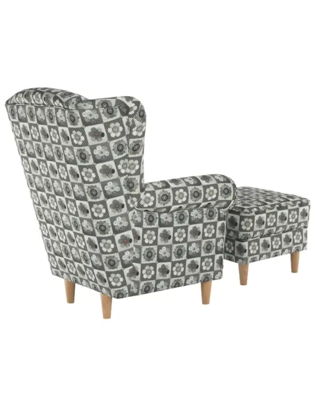 Fotoliu ASTRID cu taburet, living/dormitor, 86x105x82 cm, material textil patchwork, picioare lemn fag | MobilaOK