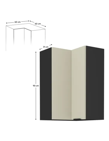 Dulap de colţ superior, caşmir/negru, ARAKA 60x60 GN-90 2F | MobilaOK