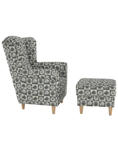 Fotoliu ASTRID cu taburet, living/dormitor, 86x105x82 cm, material textil patchwork, picioare lemn fag | MobilaOK