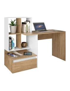 Birou PC NEREO NEW, stejar artisan/alb, 145x52x111.8 cm, PAL melaminat | MobilaOK