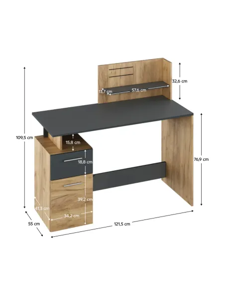 Birou PC PLATON NEW, birou, 121.5x55x109.5 cm, PAL laminat stejar artizan/grafit | MobilaOK
