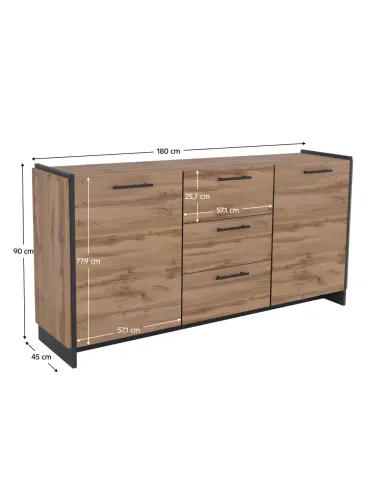 Comodă AMONI, dormitor/hol, 180x45x90 cm, PAL melaminat stejar wotan/negru | MobilaOK