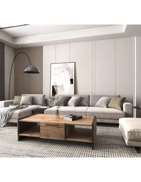 Măsuță de cafea AMONI 1S living, 126x60x35 cm, PAL lamina stejar wotan/negru | MobilaOK
