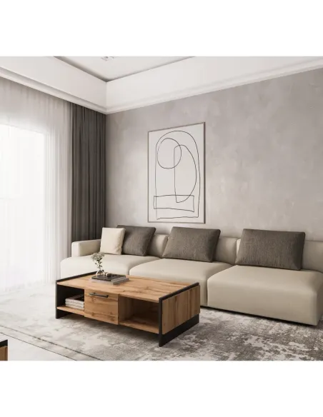 Măsuță de cafea AMONI 1S living, 126x60x35 cm, PAL lamina stejar wotan/negru | MobilaOK